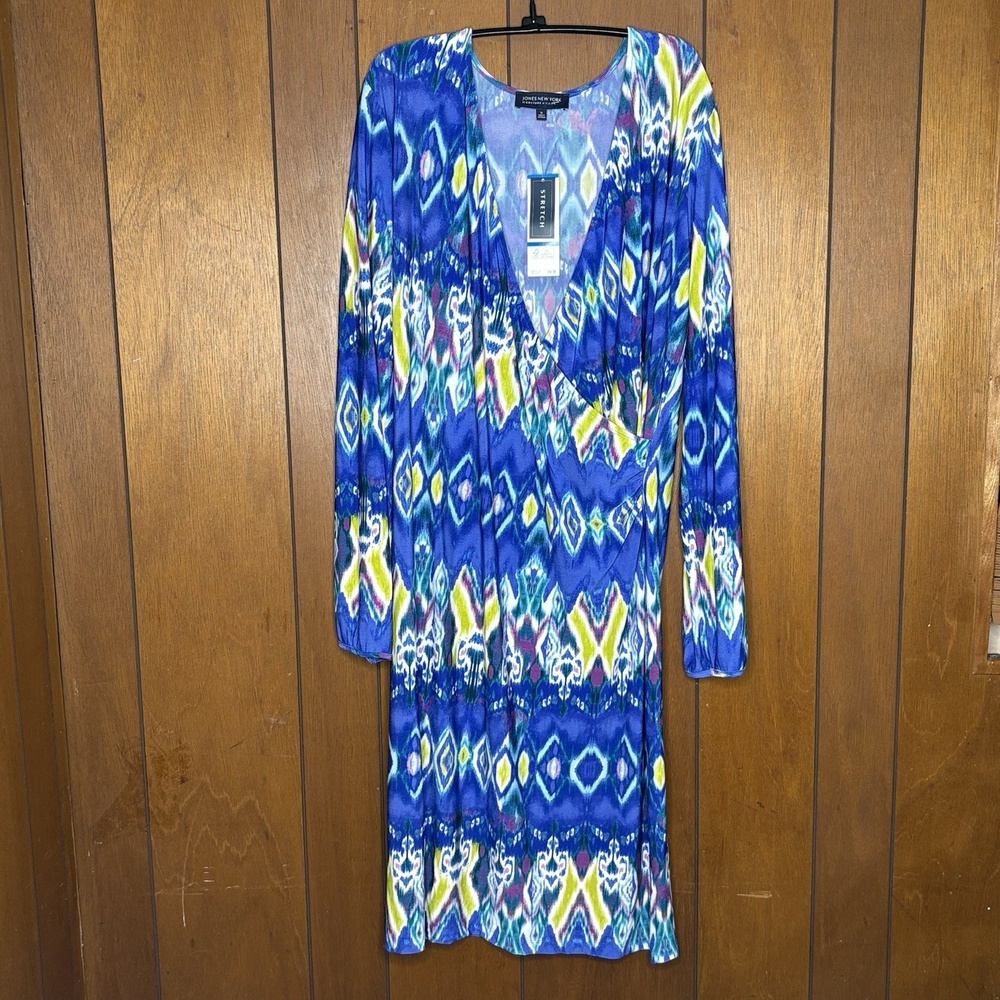 Jones‎ New York Dress 1X Blue Ikat Print Boho Preppy Resort Y2K Coastal Chic Art